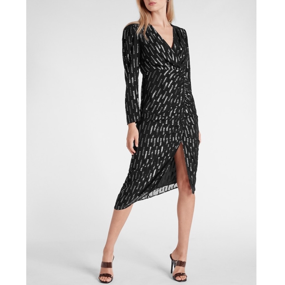 Express | Metallic Faux Wrap Ruched Front Long Sleeve Asymmetrical Midi Dress XS